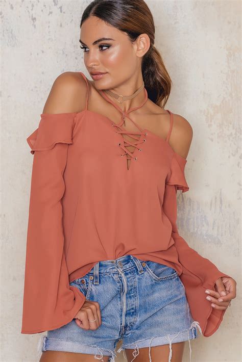 gucci cold shoulder lace up blouse